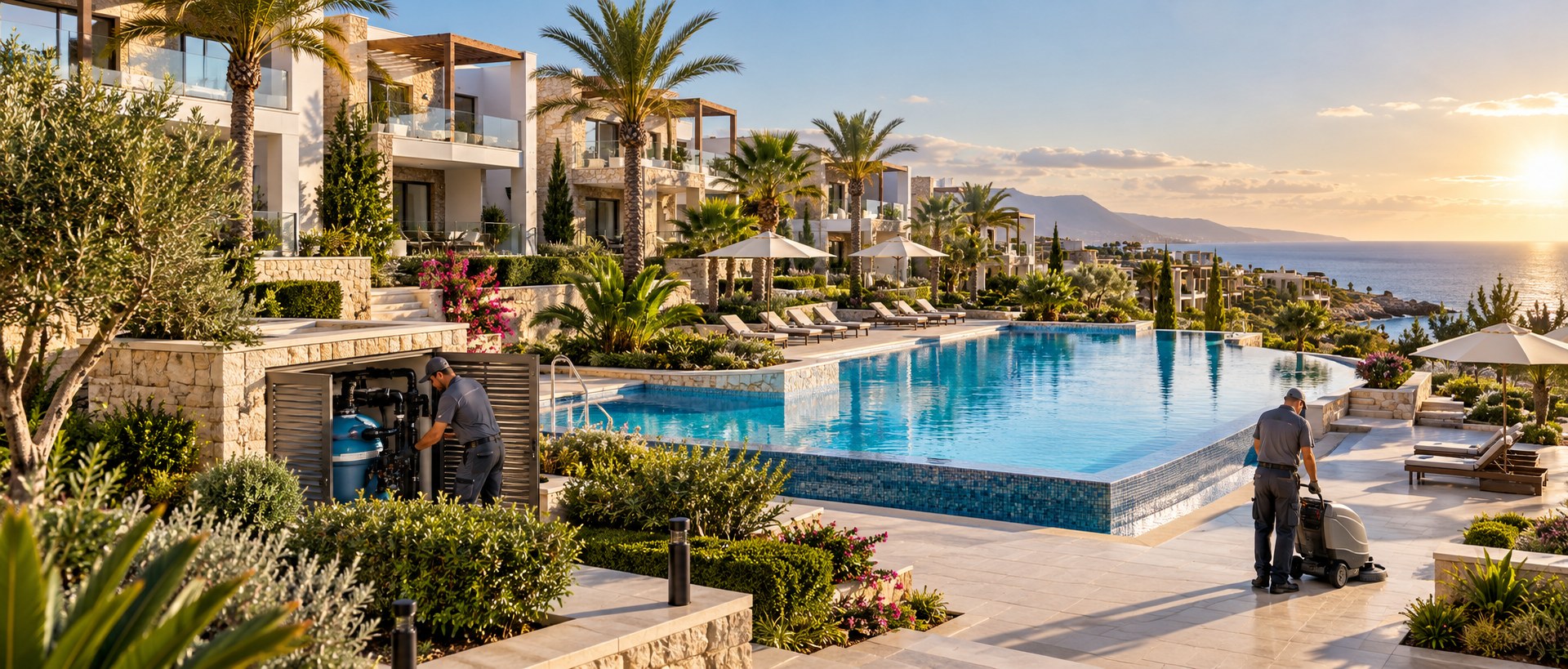 TROY managed Mediterranean residential community with pool, landscaping and maintenance team